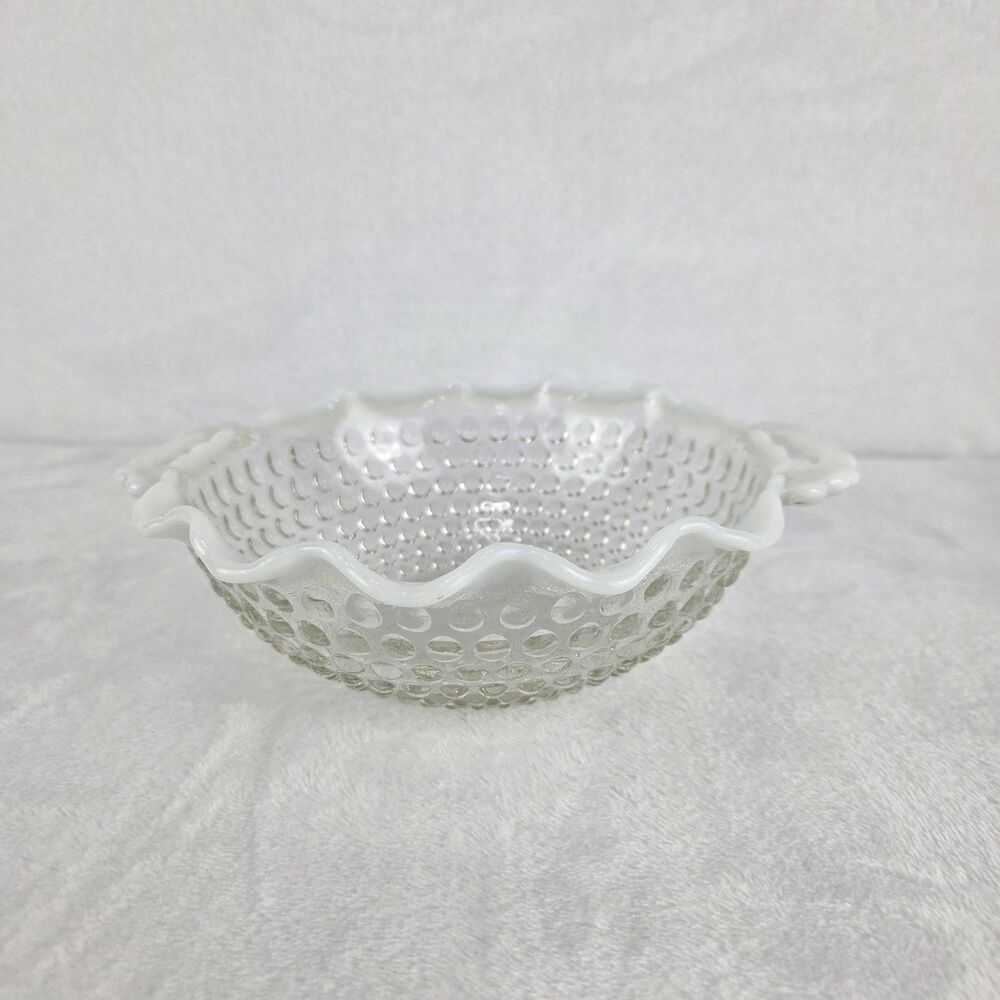 Vintage Anchor Hocking Moonstone Opalescent Hobnail Bowl Double Handles 7.5"